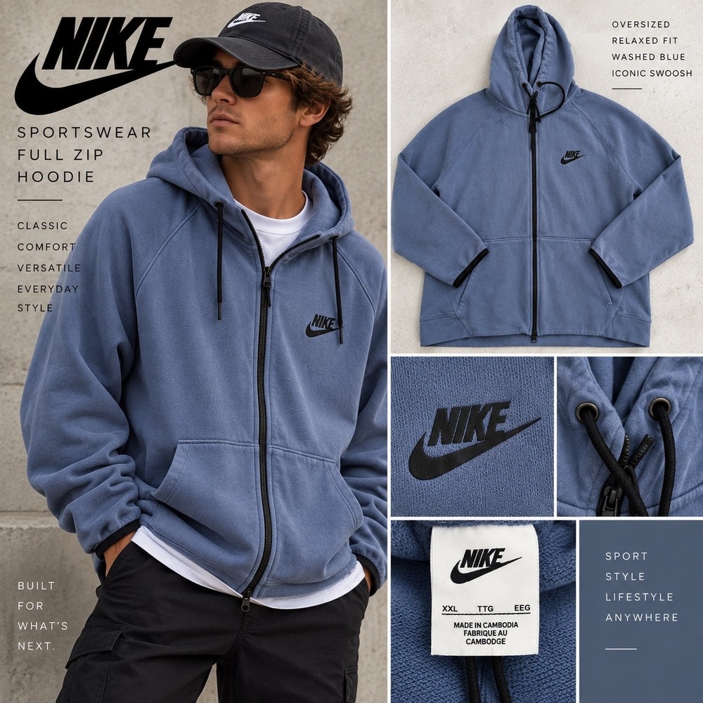 Nike Sportswear XXL Blue Washed Full Zip Hoodie Oversized Swoosh Y2K
